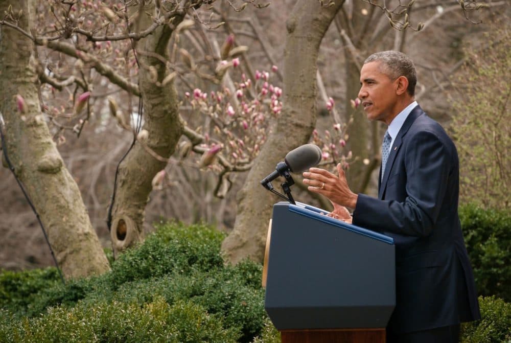 President Barack Obama speaks about the negotiations to curb Iran's nuclear technologies during a statement in the Rose Garden at the White House in Washington, Thursday, April 2. Iran and and six world powers have agreed on the outlines of an understanding that would open the path to a final phase of nuclear negotiations. (J. David Ake/AP)