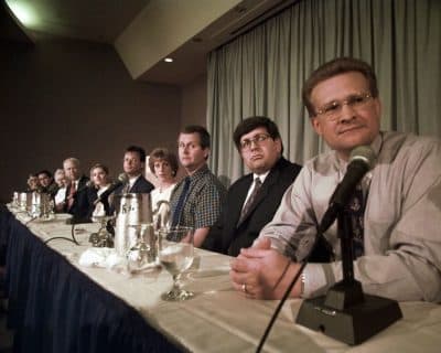 The McVeigh jury members address the media during a news conference in Denver, Colo., the day after sentencing McVeigh to death in 1997. From right to left: Roger Brown, Fred Clarke, Doug Carr, Diane Faircloth, James Osgood, Tonya Stedman, Mike Leeper, Ruth Meier, Jonathon Candelaria, Martha Hite and Vera Chubb. (Michael S. Green/AP)
