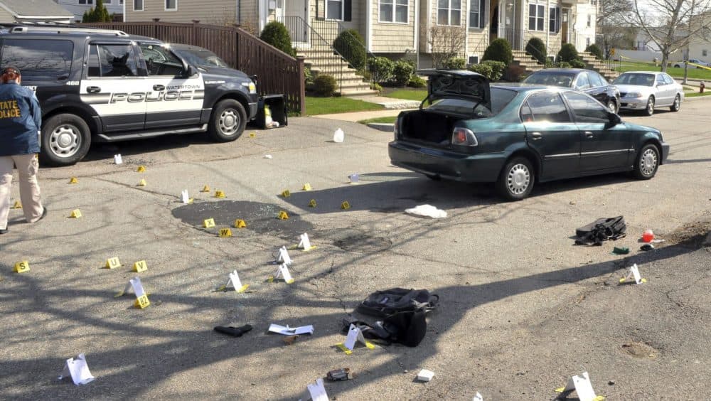 This undated forensics photograph released March 24 by the U.S. Attorney's office and presented as evidence during the federal death penalty trial of Dzhokhar Tsarnaev, shows the scene of the April 19, 2013, gun battle in Watertown, Mass., between police and Dzhokhar and Tamerlan Tsarnaev. (U.S. Attorney's Office/AP)