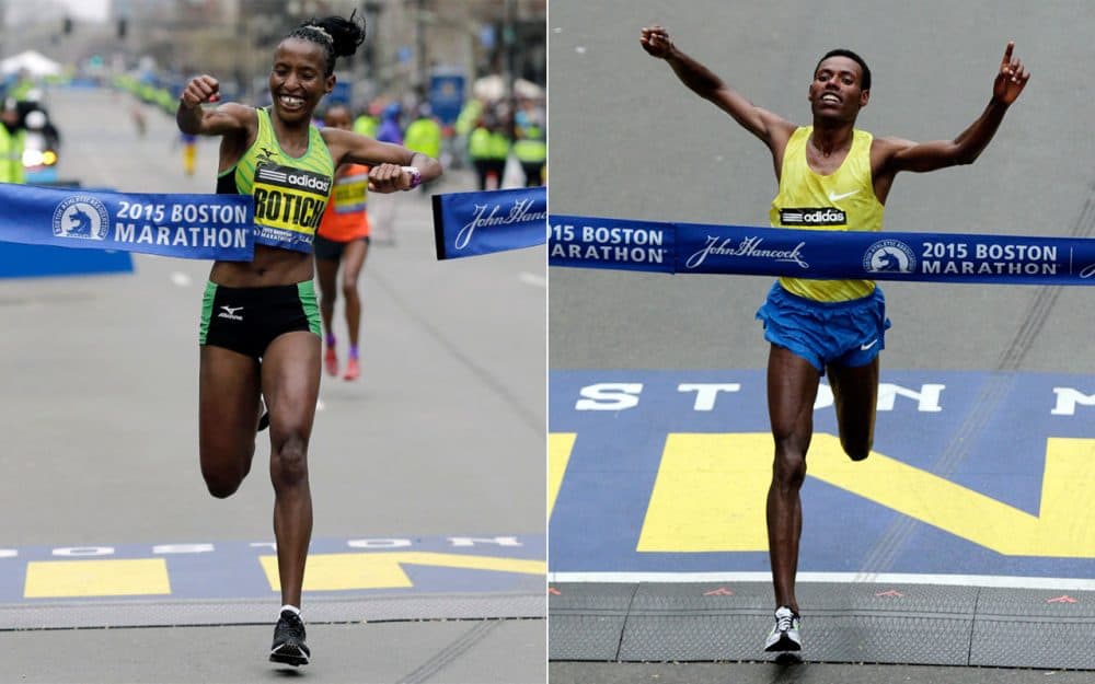 Caroline Rotich, left, and Lelisa Desisa, right, cross the Boston Marathon finish line. (AP)