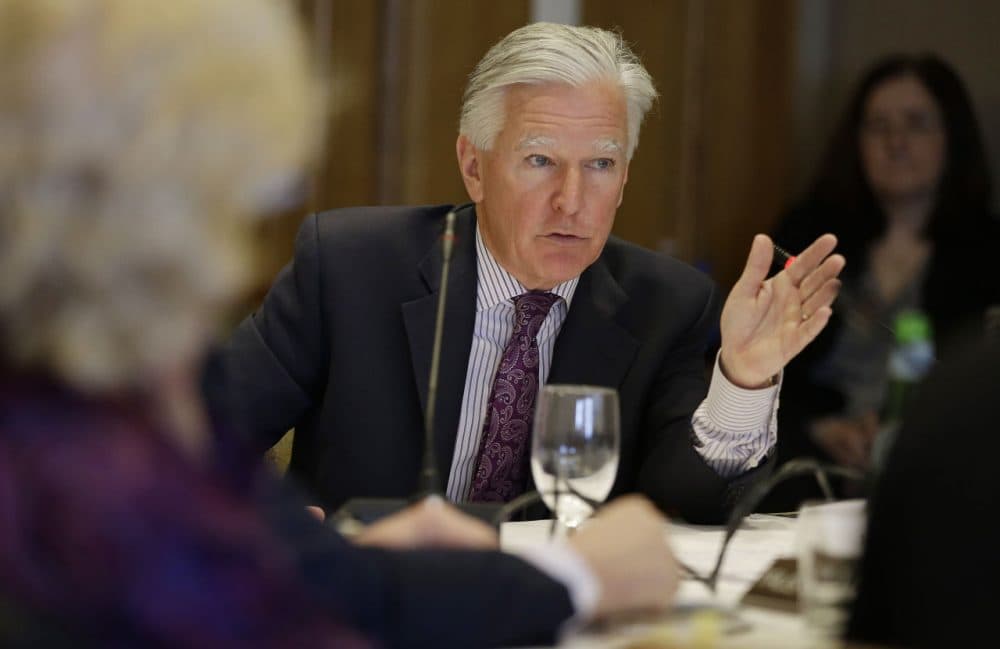 Marty Meehan replies to an interview question before being named the new president of the five-campus UMass system Friday in Boston. (Stephan Savoia/AP)