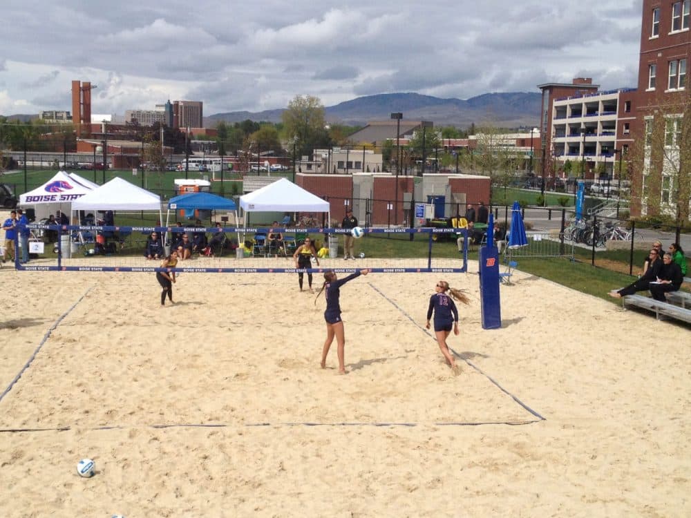Players from Arizona and Oregon square off in a sand volleyball match in Boise, Idaho on April 24, 2015.  Both schools are among those to add the sport in the last two years. (Scott Graff/Only A Game)