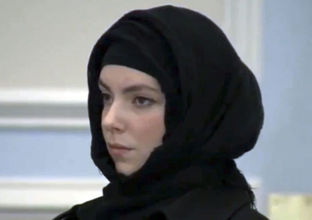 Katherine Russell, widow of Boston Marathon bombing suspect Tamerlan Tsarnaev, stands during a hearing in district court Jan. 9, 2014, in Wrentham. (WCVB-TV, Pool/AP)