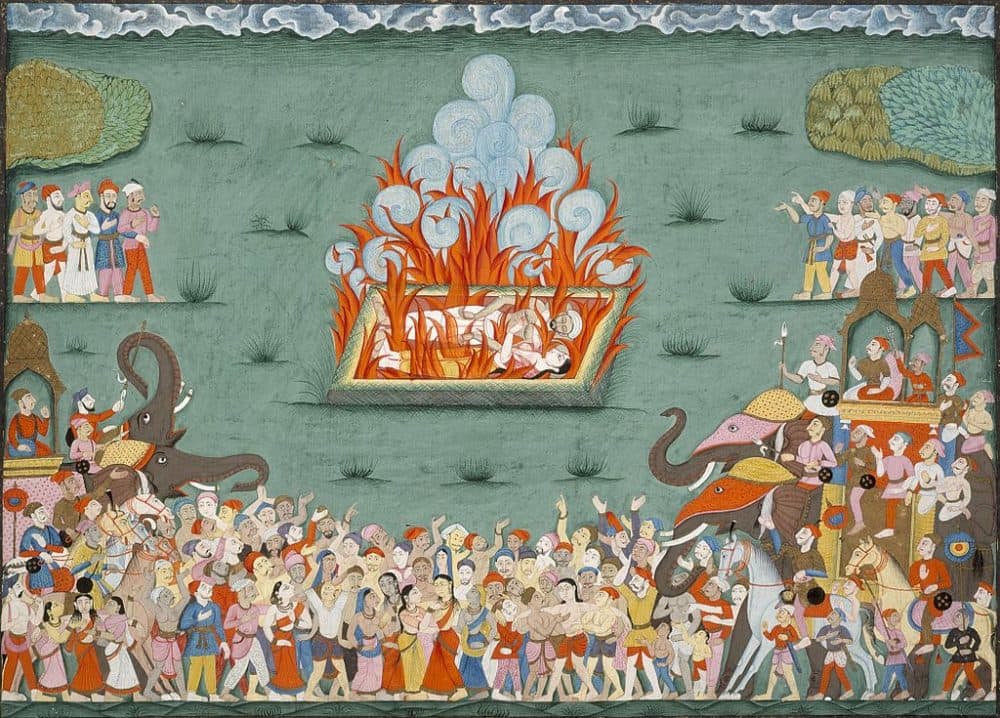 This illustration depicts a traditional Sati funeral service. (Wikimedia Commons)