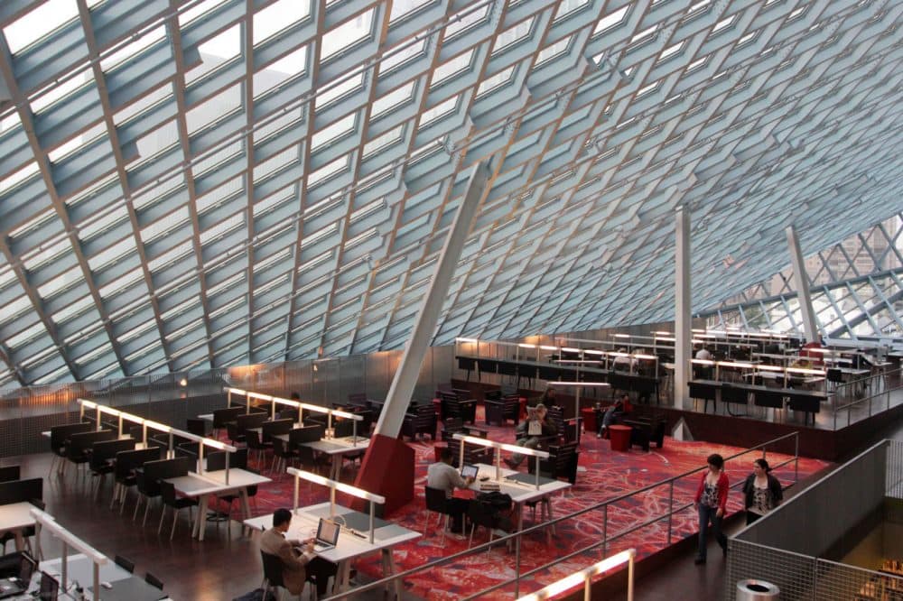 Interior of the Seattle Central Library in downtown Seattle. The $165 million buildings unusual design and decoration attracts visitors from all over the world. (Manuel Valdes/AP)