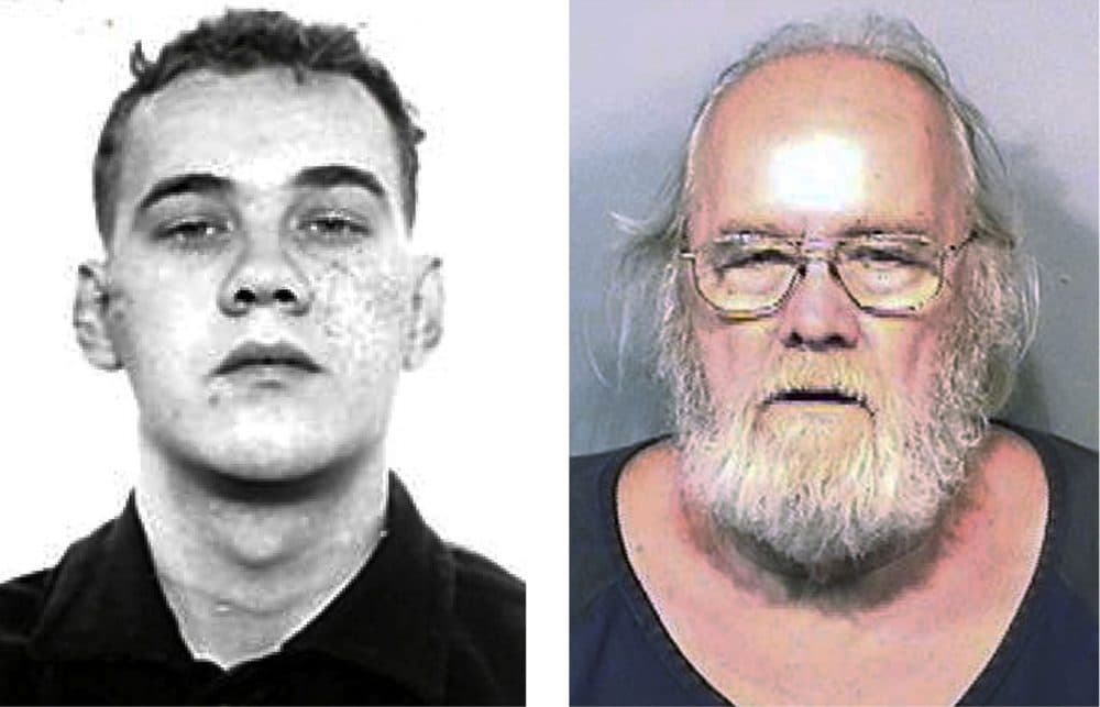 This pair of photo shows shows Harold Frank Freshwaters, left, in a Feb. 26, 1959 Ohio State Reformatory photo released by the U.S. Marshals Service, and right, in a May 4, 2015, booking photo released by the Brevard County Sheriff's Office. Freshwaters, 79, of Akron, Ohio, was arrested by U.S. Marshals Monday, May 4, 2015 by in Melbourne, Fla. He was convicted of voluntary manslaughter for killing a pedestrian with his car in 1957. Freshwaters initially received a suspended sentence but was imprisoned in 1959 for a parole violation. He fled a prison farm in northwest Ohio later that year. (Ohio State Reformatory and Brevard County Sheriff's Office via AP)