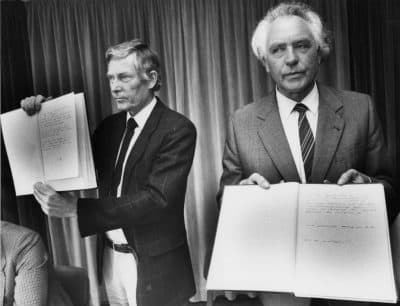Hans Booms, right, president of the West German Federal Archives and Dr. Louis Ferdinand Werner member of the Federal Criminal Office hold copies of the faked Hitler diaries at a press conference in Koblenz, West Germany, Friday May 6, 1983. (Kurt Strumpf/AP)