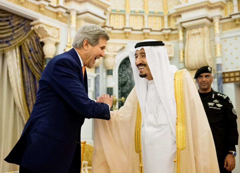 U.S. Secretary of State John Kerry, left, shakes hands with Saudi Arabia's King Salman at the Royal Court, in Riyadh, Saudi Arabia, Thursday, May 7, 2015. (Andrew Harnik, AP)