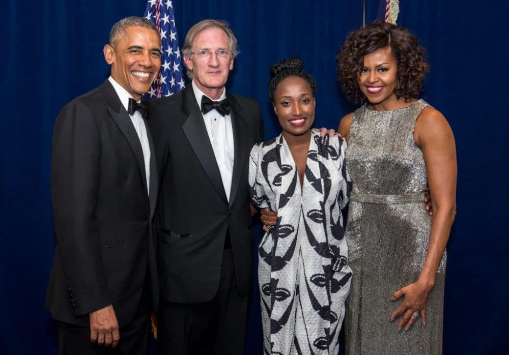 President Barack Obama, George Lehner, Sandra Uwiringiyimana and First Lady Michelle Obama pose for a photo at the White House Correspondents' Dinner. (J. M. Eddins Jr.)