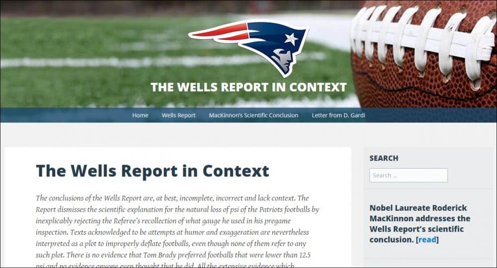 A screenshot of wellsreportcontext.com, where the Patriots have published a report of their own disputing the findings of the NFL's &quot;DeflateGate&quot; investigation. 