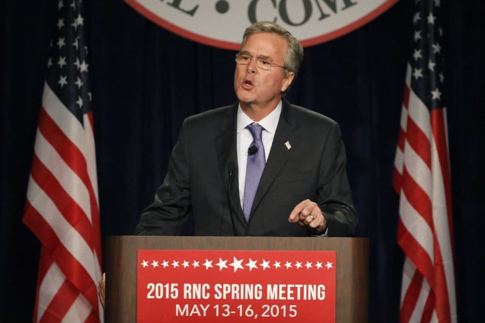 Former Florida Gov. Jeb Bush delivers the keynote address at the Republican National Committee spring meeting Thursday in Scottsdale, Ariz.  Earlier, after days of refusing to say whether, with the benefit of hindsight, he would have ordered the invasion of Iraq in 2003, Bush said he would not have invaded. (Ross D. Franklin/AP)