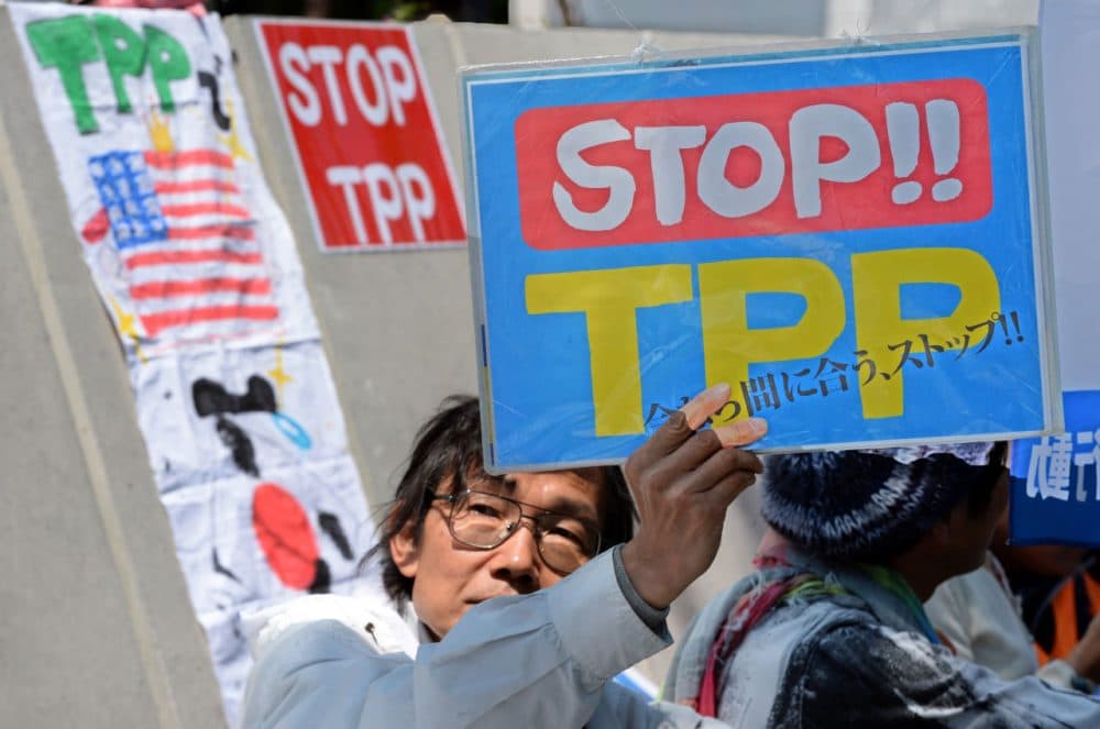 A demonstrator displays a placard to protest against the Trans Pacific Partnership (TPP) trade deal at a sit-in demonstration in front of the parliament building in Tokyo on April 23, 2014(Toshifumi Mi Kitamura/AFP/Getty Images)