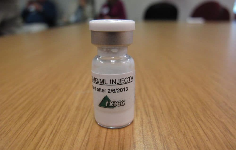 A vial of injectable steroids from the New England Compounding Center is displayed in the Tennessee Department of Health back in 2012. (Kristin M. Hall/AP)