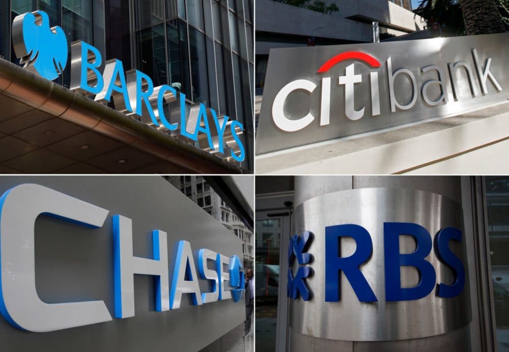 This combination made from file photos shows signage for four banks, Barclays, Citigroup, JPMorgan Chase, and the Royal Bank of Scotland, that will pay $2.5 billion in fines and plead guilty to criminally manipulating global currency market going back to 2007. The banks conspired with one another to fix rates on U.S. dollars and euros traded in the huge global market for currencies, according to a settlement announced Wednesday, May 20, 2015, between the banks and U.S. Justice Department. (Lefteris Pitarakis, Nick Ut, Kathy Willens, Matt Dunham/AP)