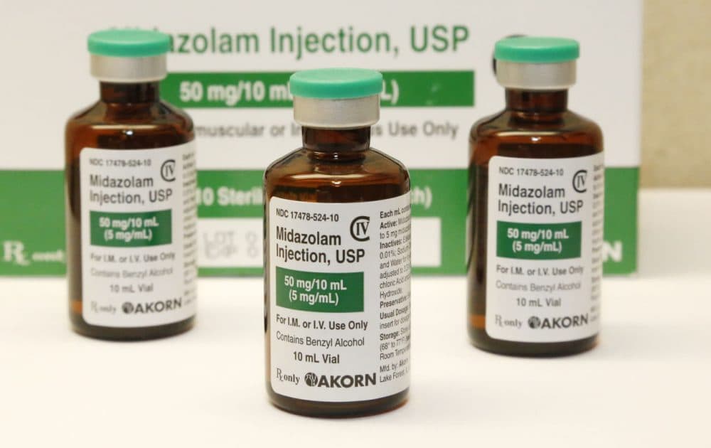 This July 25, 2014 file photo shows bottles of the sedative midazolam at a hospital pharmacy in Oklahoma City. (AP)