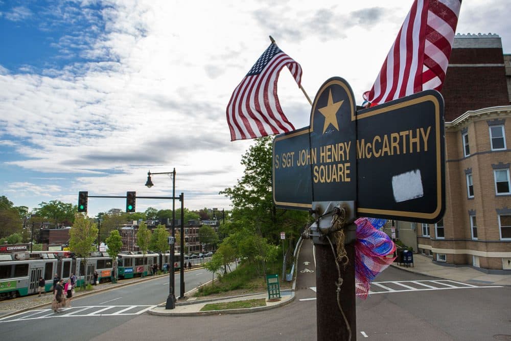 Sgt. John Henry McCarthy Square on the corner of Commonwealth Avenue and Colburne Road in Brighton. (Jesse Costa/WBUR)