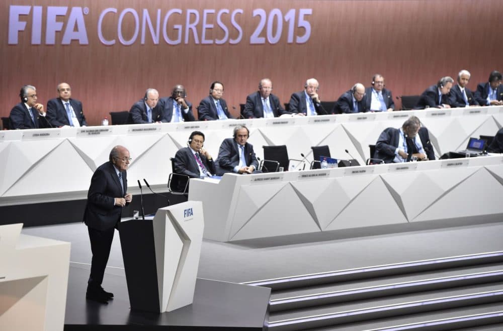 FIFA president Sepp Blatter (left) delivers his speech ahead of the vote to decide on the FIFA presidency in Zurich on May 29, 2015. Sepp Blatter, 79, is being challenged by Prince Ali bin al Hussein, a FIFA vice president. The prince, strongly backed by Europe's football powers, has campaigned on the need for change at the top of the scandal-tainted body. (Michael Buholzer/AFP/Getty Images)
