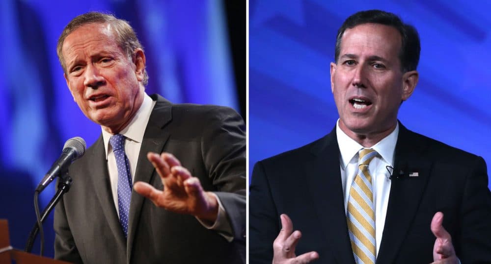 Former New York Governor George Pataki (left) and Former U.S. Sen. Rick Santorum (right), both pictured earlier this month, are the latest Republicans to announce runs for president. (Scott Olson, Alex Wong/Getty Images)