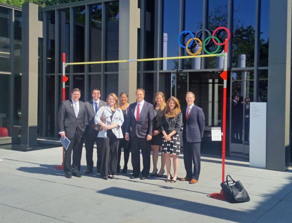 The leadership of Boston 2024 and the USOC outside the Olympic Museum in Lausanne, Switzerland. (Courtesy Boston 2024)
