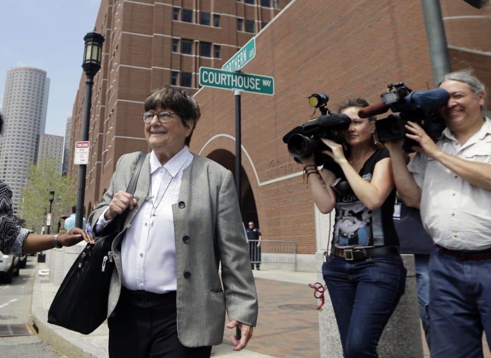 Death penalty opponent Sister Helen Prejean leaves federal court in Boston after testifying during the penalty phase in Dzhokhar Tsarnaev's trial. Tsarnaev's lawyers rested their case Monday in their bid to save him from execution after Prejean testified that Tsarnaev expressed genuine sorrow about the victims of the bombing. (AP Photo/Elise Amendola)