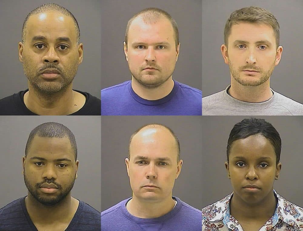 This photo provided by the Baltimore Police Department on Friday, May 1, 2015 shows, top row from left, Caesar R. Goodson Jr., Garrett E. Miller and Edward M. Nero, and bottom row from left, William G. Porter, Brian W. Rice and Alicia D. White, the six police officers charged with felonies ranging from assault to murder in the death of Freddie Gray. (AP)