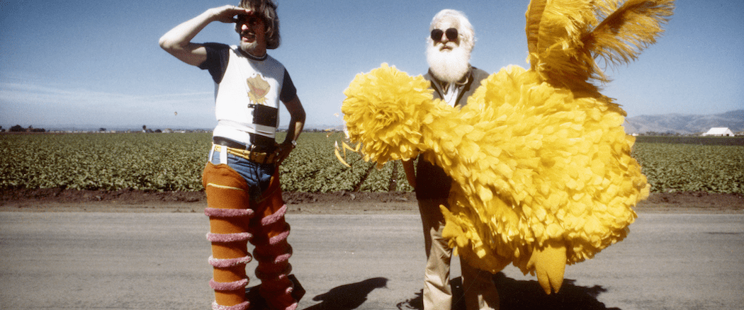 Archival photo of Caroll Spinney and Kermit Love on the set of a Sesame Street production. (Courtesy Debra Spinney)