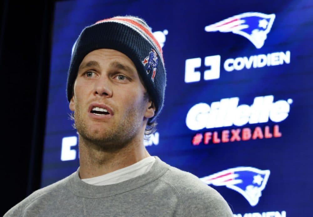 New England Patriots quarterback Tom Brady addresses the issue of the NFL investigation of deflated footballs at a news conference in Foxborough on Jan. 22, 2015. (Elise Amendola/AP)