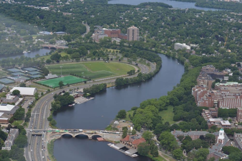 A view of the Charles River from the Hood blimp. (Alex Kingsbury/WBUR)