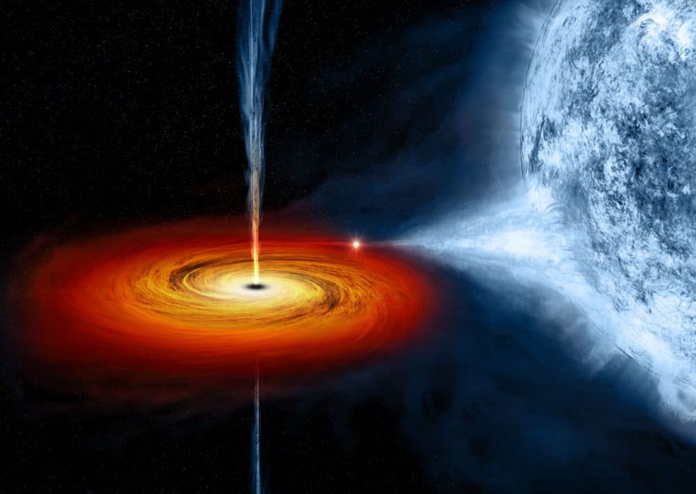 Seen here is an artist's drawing of a black hole named Cygnus X-1. It formed when a large star caved in. This black hole pulls matter from blue star beside it. (NASA/M.Weiss)