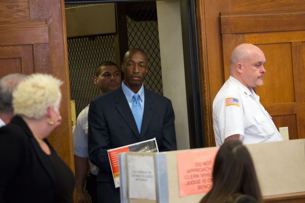 Sean Ellis enters a Suffolk Superior Court courtroom for his bail hearing May 12, 2015. (Jesse Costa/WBUR)