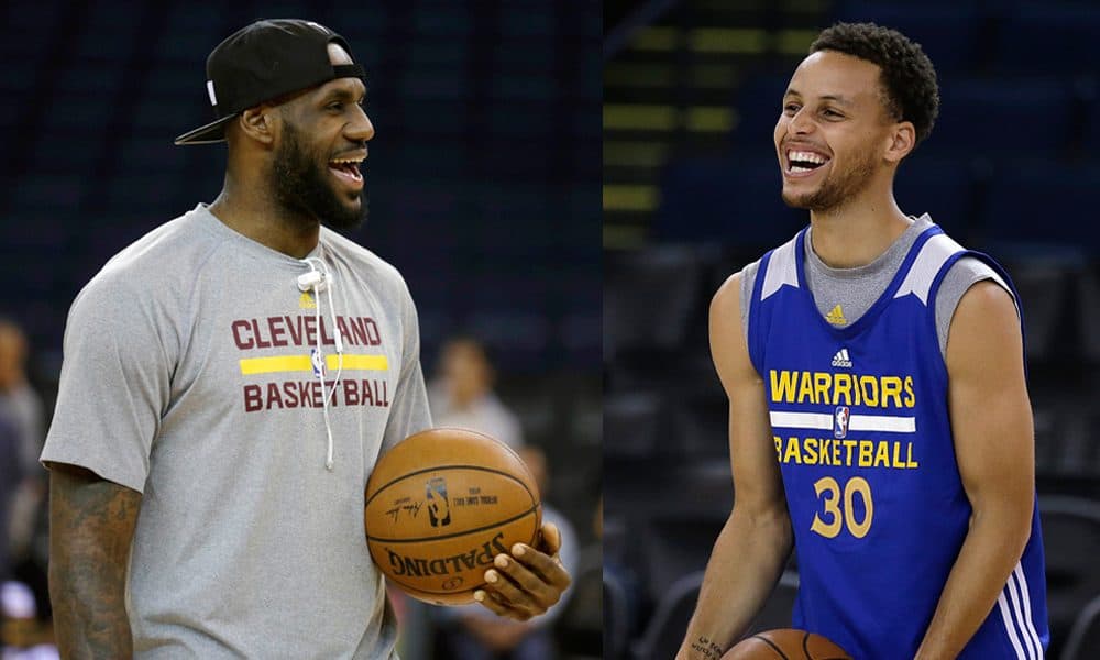 A composite of LeBron James (left) and Stephen Curry (right) in their team's practices Wednesday in Oakland, California. Curry and the Golden State Warriors host James and the Cleveland Cavaliers in Game 1 of the NBA Finals on Thursday. (Ben Margot/AP)