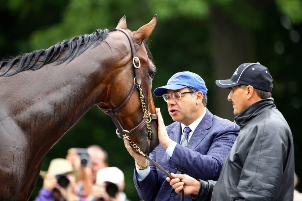 Ahmed Zayat, owner of American Pharoah greets his horse after morning workouts prior to the 147th Belmont Stakes at Belmont Park on June 5, 2015 in Elmont, New York. (Al Bello/Getty Images)
