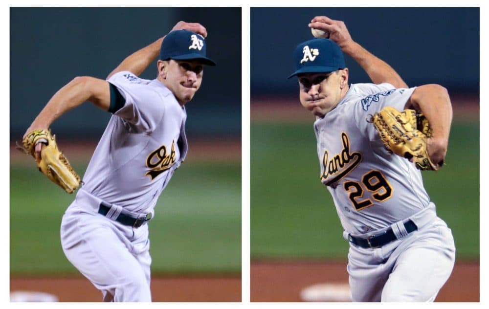 In this two image combination, Oakland Athletics relief pitcher Pat Venditte (29) delivers with his left and right hand to separate Boston Red Sox batters during the seventh inning at Fenway Park in Boston, Friday, June 5, 2015. (AP Photo/Charles Krupa