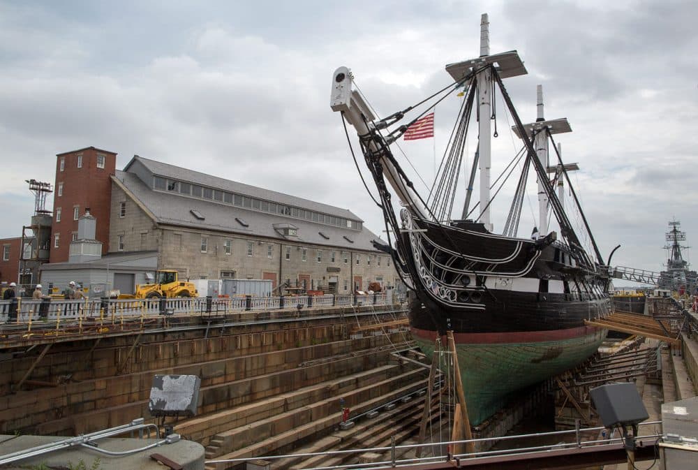The USS Constitution, Tuesday, in Dry Dock 1 at the Charlestown Navy Yard. (Robin Lubbock/WBUR)