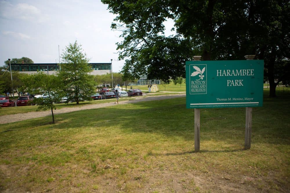 Harambee Park, on the corner of Blue Hill Avenue and Talbot Avenue, is seen last month. The park is the site of the historic Sportsmen’s Tennis &amp; Enrichment Center. (Jesse Costa/WBUR)