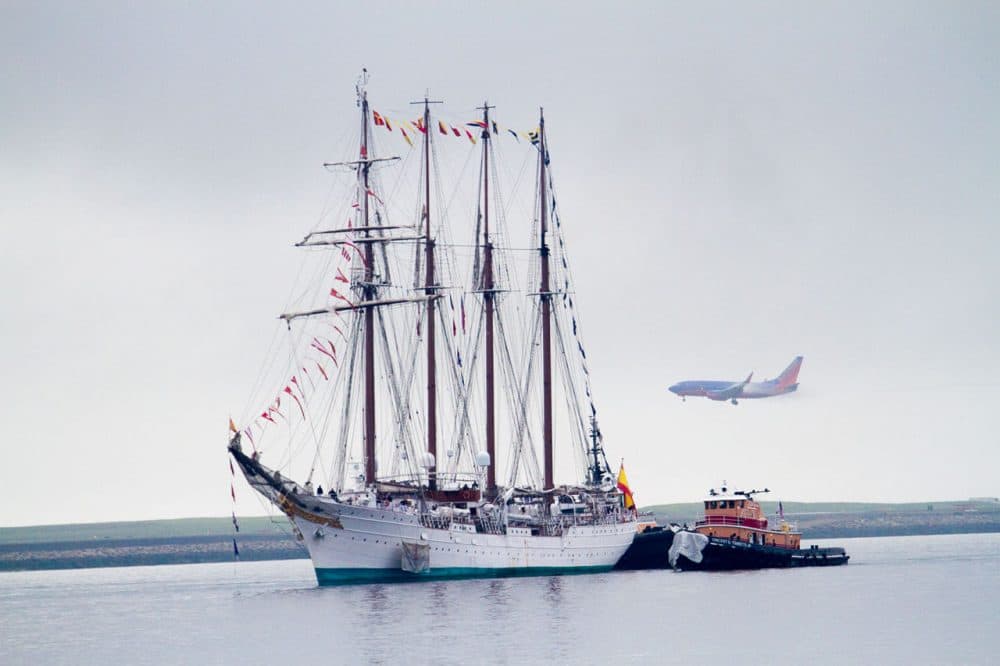 Spain's Juan Sebastian de Elcano, the third-largest tall ship in the world, will be docked at the Charlestown Navy Yard this week. (Jesse Costa/WBUR) 