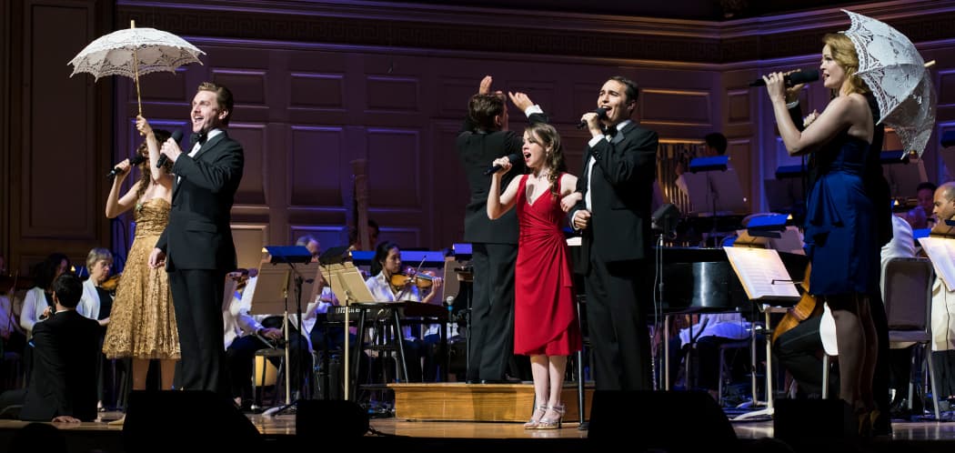 Jason Danieley (left) and Kate Baldwin (far right) perform with Keith Lockhart and the Boston Pops. (Liza Voll)