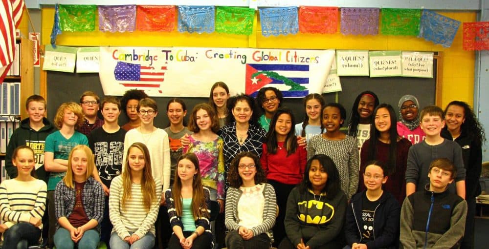 A group of seventh graders at Vassal Lane Upper School in Cambridge travels to Cuba Saturday. Most of the students are pictured above. The trip was organized by the school's Spanish teacher,  Oksana Deinak-Pingitore, center, who is originally from Cuba. (Courtesy of Vassal Lane Upper School)