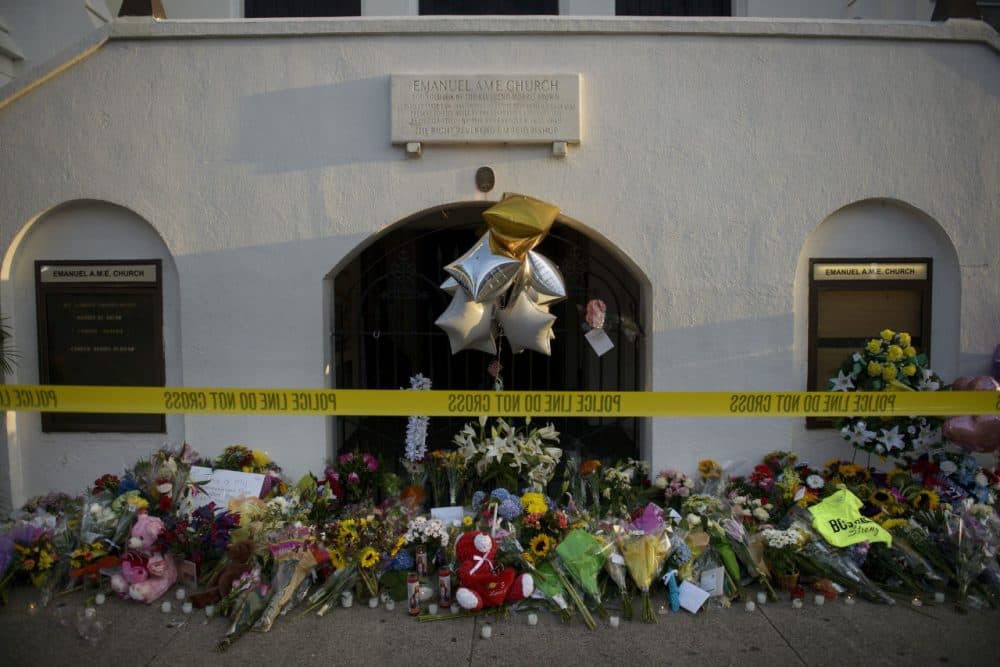 A morning view of a memorial outside the Emanuel AME Church June 19, 2015 in Charleston, South Carolina. (Brendan Smialowski/AFP/Getty Images)