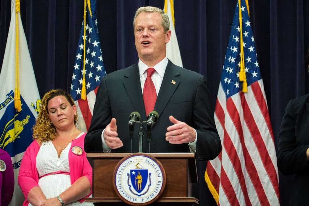 MA Governor Charlie Baker announces his recommendations of his Opioid Working Group along with Attorney General Maura Healey and Health and Human Services Secretary Marylou Sudders at the State House on June 22, 2015. (Jesse Costa/WBUR)