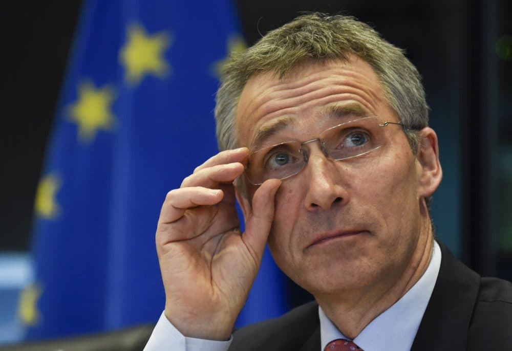 NATO Secretary General Jens Stoltenberg adjusts his spectacles during a debate of the European Parliament Foreign Affairs Committee and its Subcommittee on Security and Defence, in Brussels on March 30, 2015. (John Thys/Getty Images)