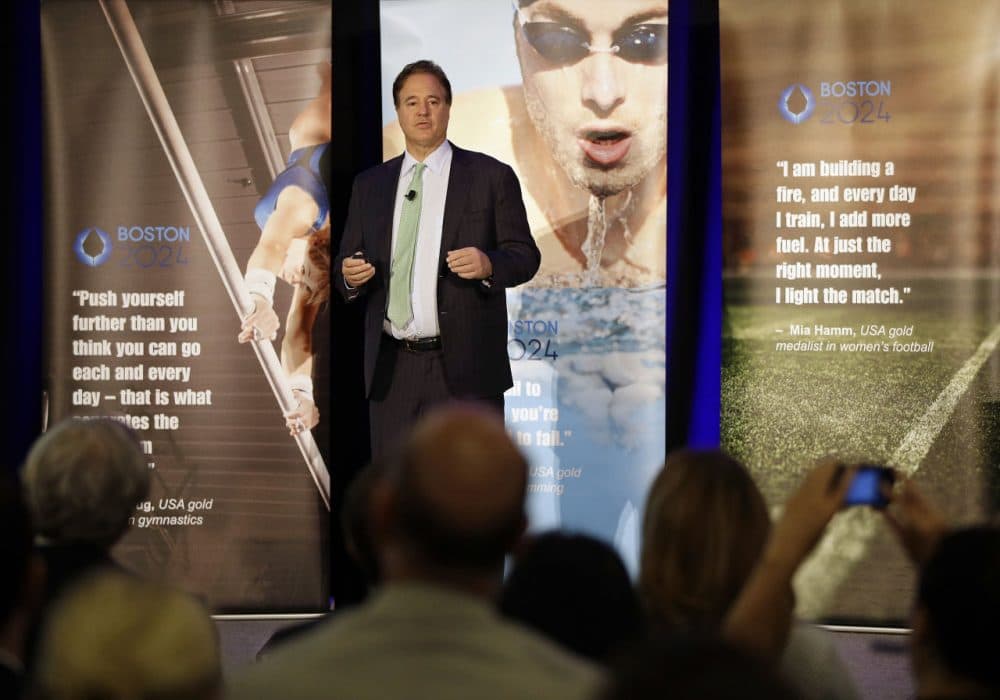 Boston 2024 Chair Steve Pagliuca speaks during the release of the group's &quot;Bid 2.0&quot; at the Boston Convention and Exhibition Center on Monday. (Stephan Savoia/AP)