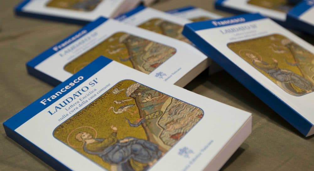 Copies of Pope Francis' encyclical &quot;Laudato Si,&quot; are displayed prior to the start of a press conference, at the Vatican, Thursday, June 18, 2015. Pope Francis called for a bold cultural revolution to correct what he calls the &quot;structurally perverse&quot; economic system of the rich exploiting the poor that is turning Earth into an &quot;immense pile of filth.&quot;(Andrew Medichini/AP)