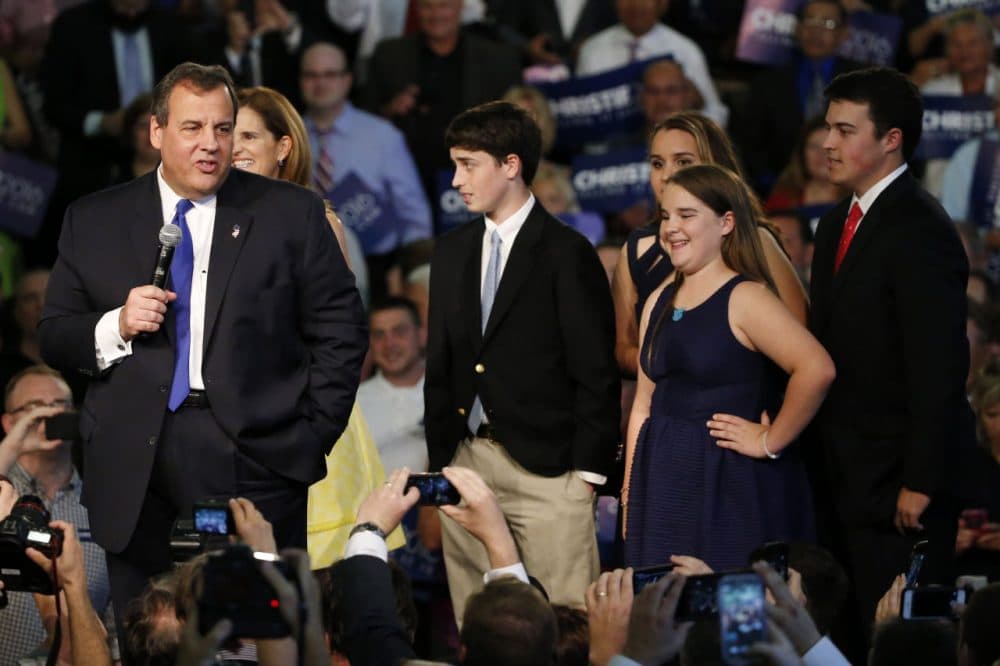 New Jersey Gov. Chris Christie stands with his wife, Mary Pat Christie, second from left, and their children, from left, Patrick, Sarah, Bridget and Andrew while speaking to supporters during an event announcing he will seek the Republican nomination for president, Tuesday, June 30, 2015, at Livingston High School in Livingston, N.J. (Julio Cortez/AP)