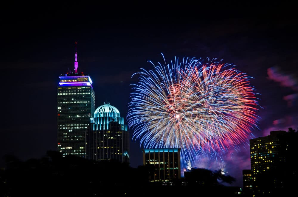 Fireworks captured in the sky after the Boston Pops July Fourth performance in 2011. (Courtesy Lei Han/Flickr)