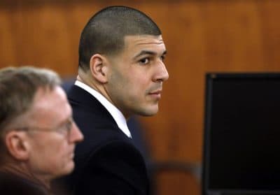 Former New England Patriots football player Aaron Hernandez at his trial in April. (Steven Senne/AP)