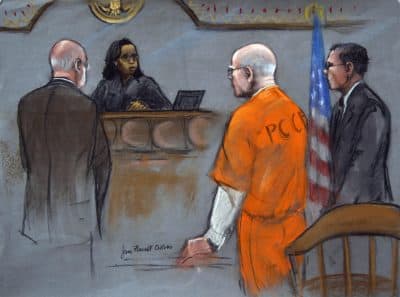 James &quot;Whitey&quot; Bulger is depicted in this 2013 courtroom sketch alongside his attorneys. (Jane Flavell Collins/AP)