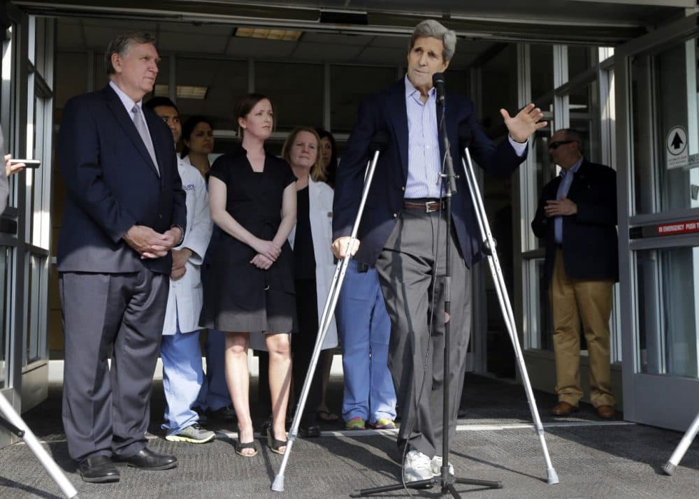 Secretary of State John Kerry speaks to media as he is discharged from Massachusetts General Hospital Friday. (Elise Amendola/AP)