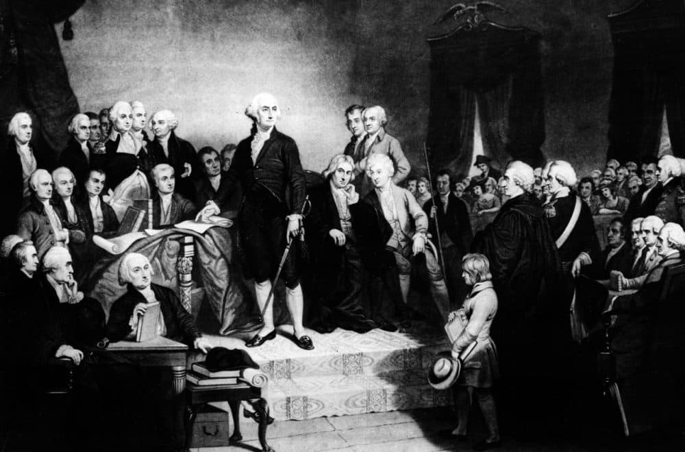 President George Washington delivers his inaugural address in the Senate Chamber of Old Federal Hall in New York on April 30, 1789.  (AP Photo)