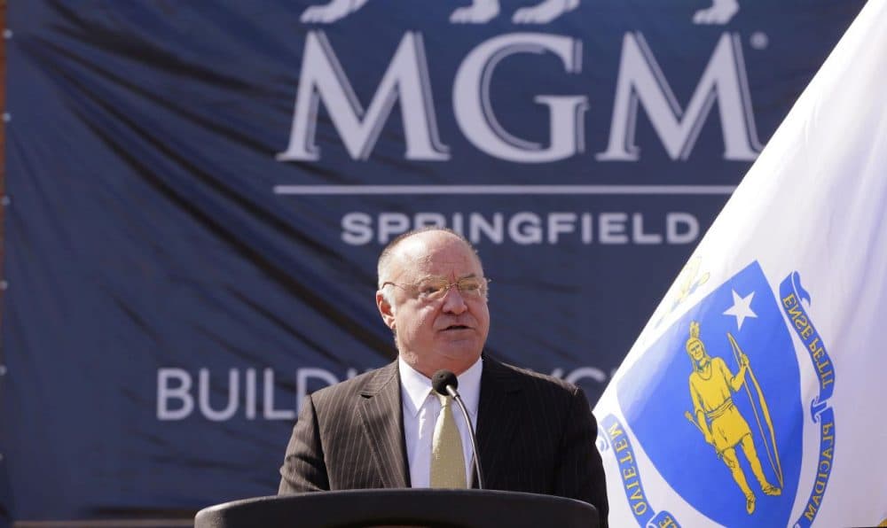 State Gaming Commission Chair Stephen Crosby speaks during a ground breaking ceremony in March for the MGM casino resort scheduled to open in Springfield in 2017. (Stephan Savoia/AP)